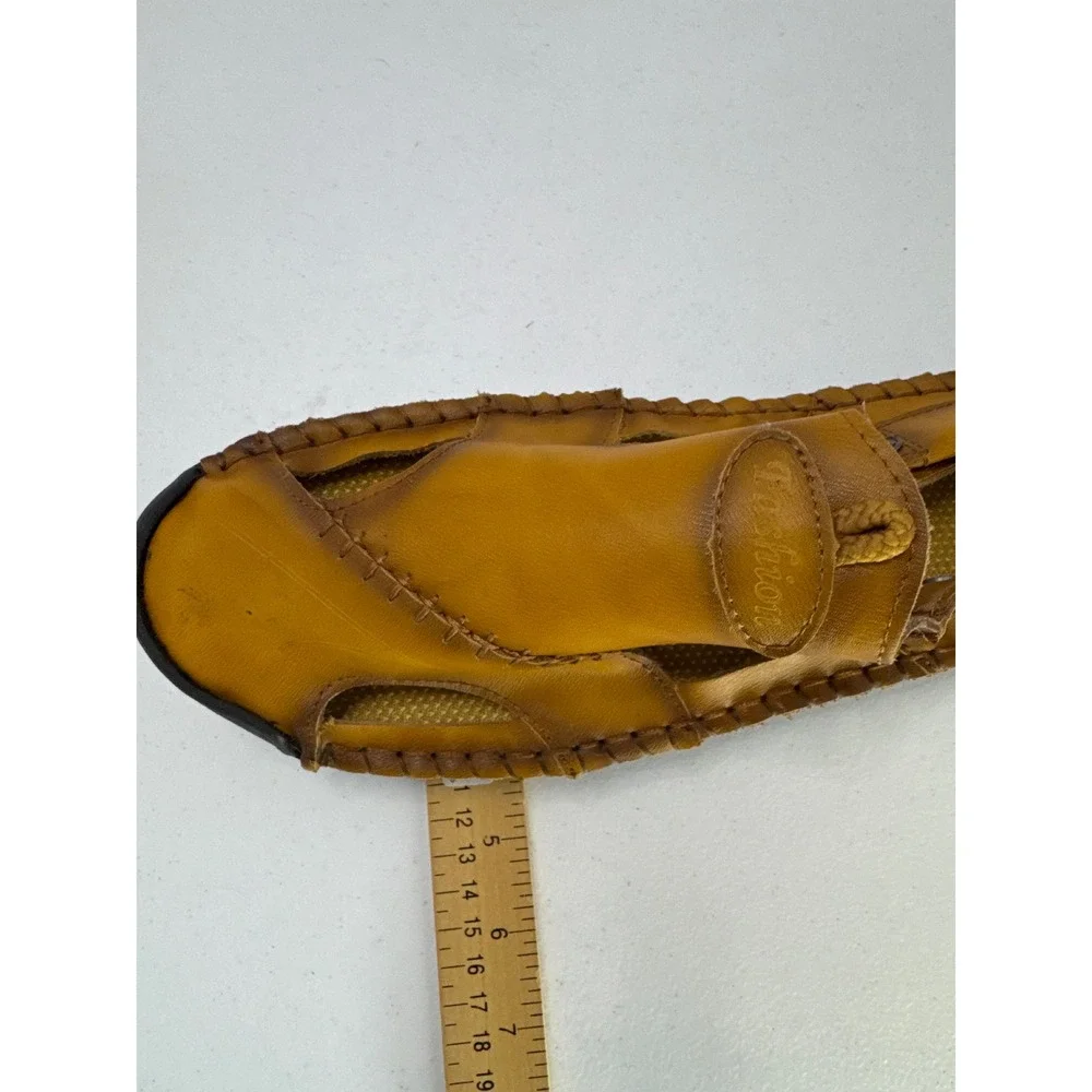 Fashion Mens Tan Leather Fisherman Sandals Closed Toe Stitched Rubber Sole 11.5